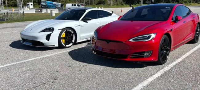 Tesla Model S и Porsche Taycan Turbo S впервые померились силами в дрэг-рейсинге официально (видео) - «Транспорт»
